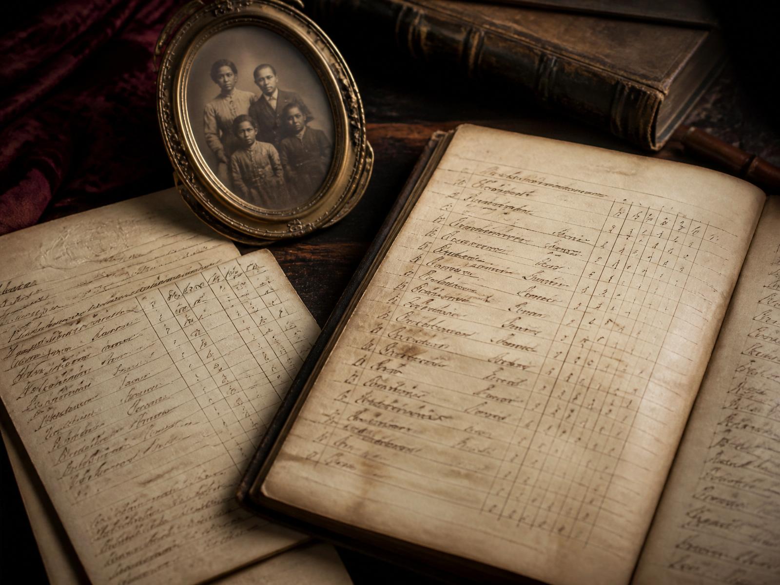 Illustrative photograph of aged 19th-century handwritten ledger pages and a small oval sepia family portrait in a tarnished brass frame.