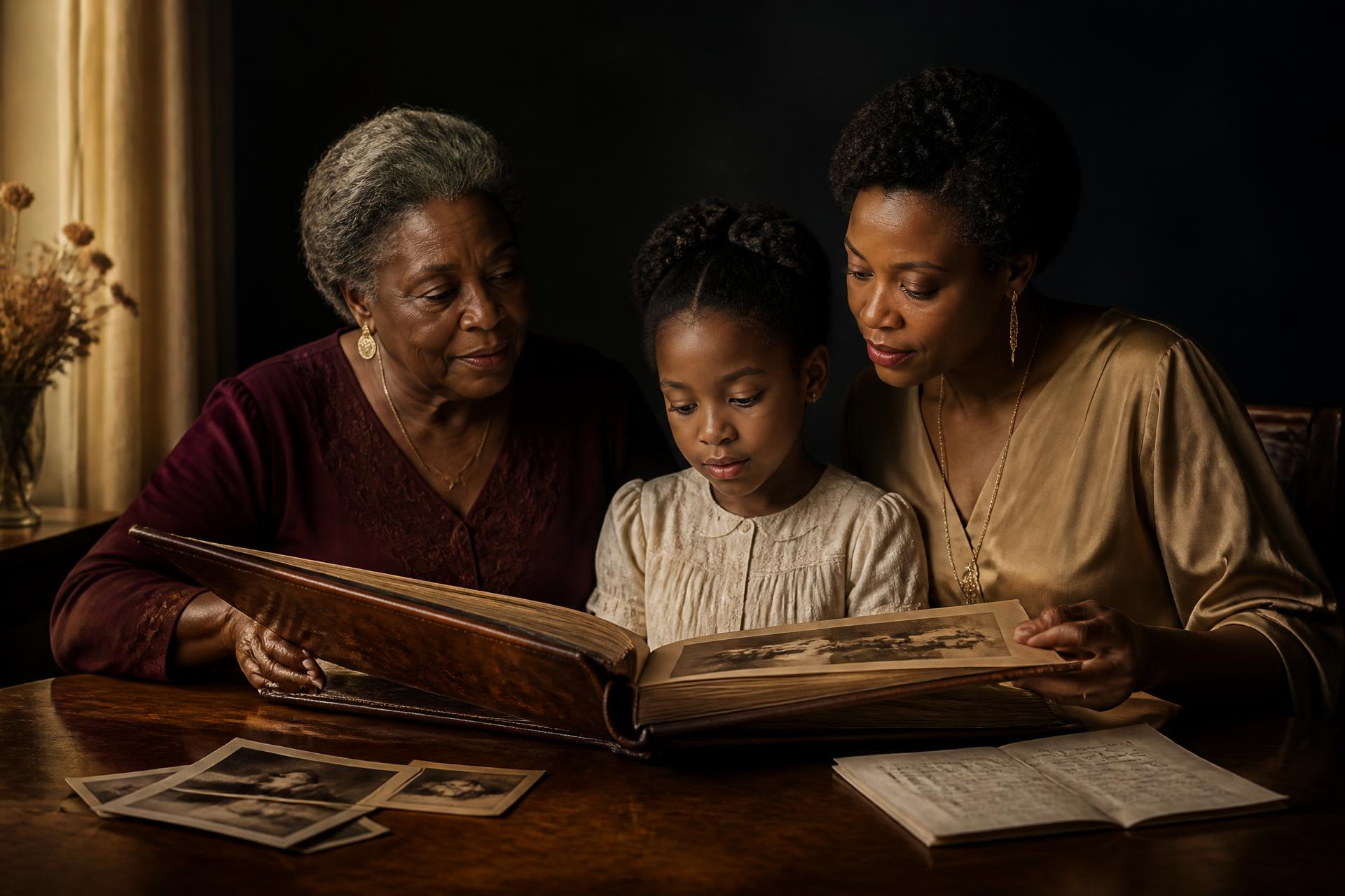 Three generations of a Black American family gathered around an open leather-bound family album, examining archival photographs and a handwritten letter in warm window light.